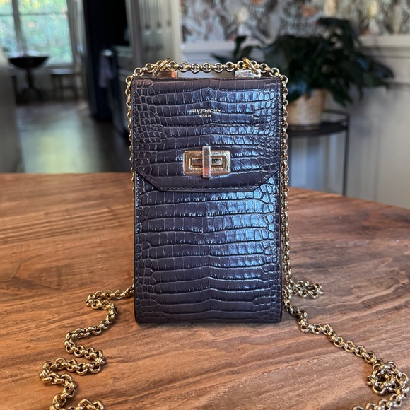 Givenchy Mini Phone Crossbody Bag Gray Croc Embossed Calfskin Gold Chain / Charm - Picture 2 of 15